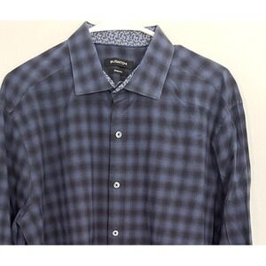 Bugatchi Shirt Mens Large Blue Gray Plaid Long Sleeve Shaped Fit‎ 100% Cotton